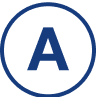 A blue letter A is centered within a white circle, which is outlined by a blue border.