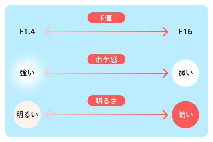 F値:写真の明るさや背景のボケ感に関わる重要な要素